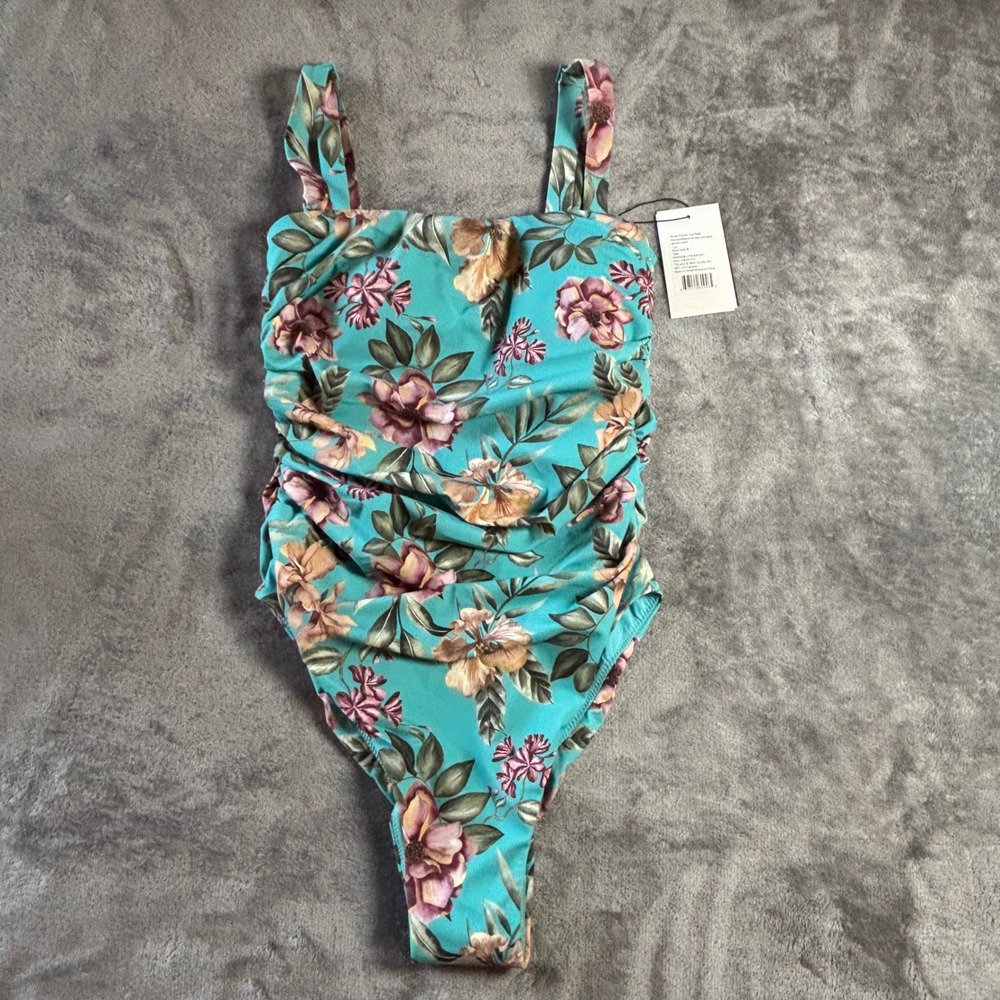 Knix Snug Ruched One Piece Swimsuit Turquoise Floral Print Size M NWT